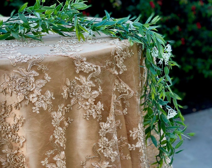 gold lace tablecloth, gold table overlay, lace table overlay, table overlay, table runner, embroidered, gold tablecloth, table cloth, decor