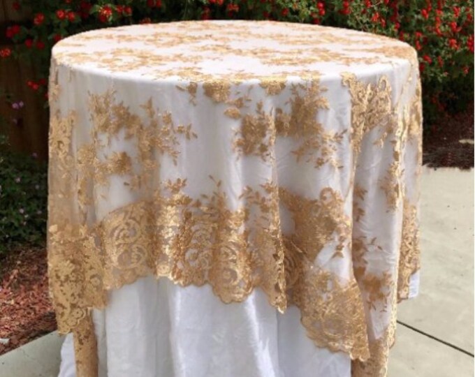 Lace table overlay, Gold embroidered lace table overlay, lace tablecloth, gold tablecloth, weddings, wedding decor, glam wedding, cake table