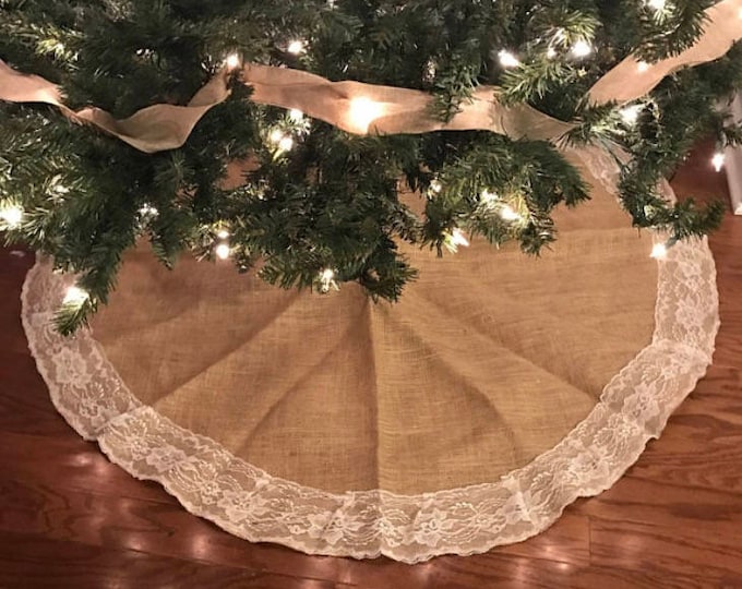 Tree skirt, Christmas Tree Skirt, Burlap and Lace Christmas Tree Skirt, 60 inches diameter, Christmas decor, tree skirt, lace, rustic decor