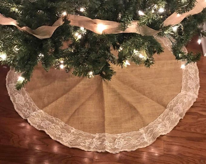 Christmas Tree Skirt, Burlap and Lace Christmas Tree Skirt, christmas decor, tree skirt, lace, 60 inches diameter, christmas