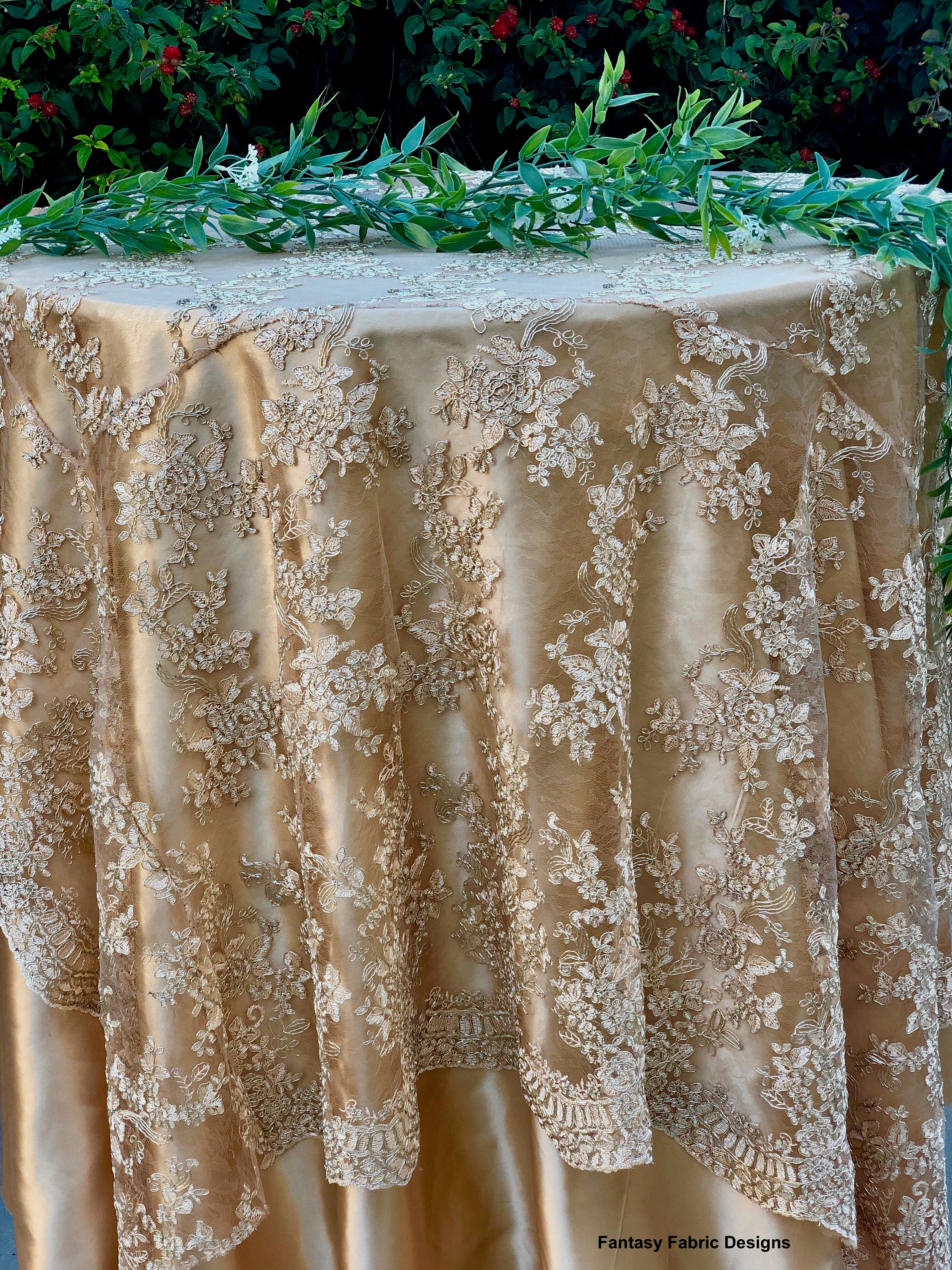 gold lace tablecloth, gold table overlay, lace table overlay, table ...