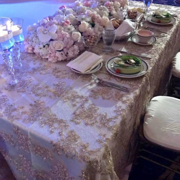 SALE!! Gold embroidered lace table runner, gold tablecloth, table overlay, home decor, weddings.