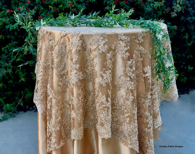 gold lace tablecloth, gold table overlay, lace table overlay, table overlay, table runner, embroidered, gold tablecloth, table cloth