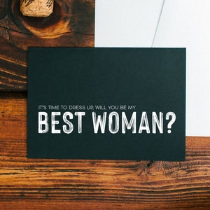 Tarjeta negra para el día de la boda con "¿Serás mi mejor amiga?", ideas para regalos de dama de honor, propuesta para la fiesta de bodas, regalos para la fiesta del novio, invitación para la fiesta nupcial