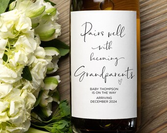 Custom Baby Announcement Wine Labels, Pairs Well With Becoming Grandparents, Elegant Wine Labels Personalised Im Pregnant Reveal for Parents