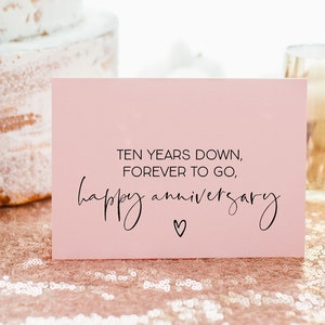ten years down forever to go Happy Anniversary card, pink card black ink, anniversary card, gift for wife, gift for husband, anniversary gift