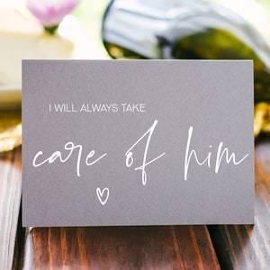 Tarjeta del día de la boda con el mensaje "Siempre cuidaré de él" para los suegros, el regalo para la suegra, el regalo para el padre del novio y la madre del novio