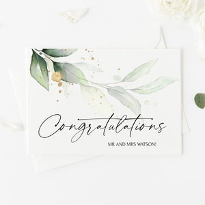 Eucalyptus personnalisé Félicitations à la nouvelle carte de mariage MR & MRS, mariée et marié, cadeau de jour de mariage personnalisé, fiançailles personnalisées