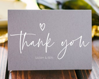 Modelo de cartão de agradecimento de casamento cinza, cartões de agradecimento de noivado, cartões de agradecimento personalizados, cartões personalizados, cartões de nota modernos, BT