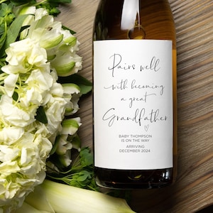 Great Grandfather Baby Announcement Wine Labels, Pairs Well With Becoming Grandparent, Stickers Personalised Im Pregnant Reveal for Parents