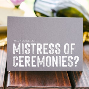 Graue Hochzeit MC Karte, Mistress of Ceremonies Karte, Hochzeitsparty, Brautparty Geschenk, modern, Hochzeitszeremonie, weiblicher MC für den Empfang