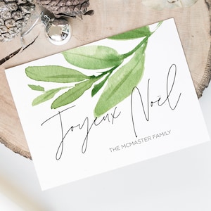 Modern Joyeux Noel Eucalyptus Merry Christmas Cards, Holiday, Personalized Card, Custom Christmas Card Set, Simple Greenery Cards