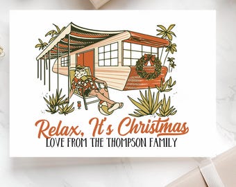 Détendez-vous ses cartes de voeux de Noël, personnalisées avec un jeu de cartes de Noël de nom de famille, paquet de papeterie sur le thème du surf, vacances d'été à la plage