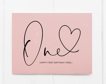 Rosa personalisierte erste Geburtstagskarte, Baby 1. Bday Karten, Mädchen Junge alles Gute zum Geburtstag, niedliches Herz Andenken Geschenk angepasst eine Tochter Party