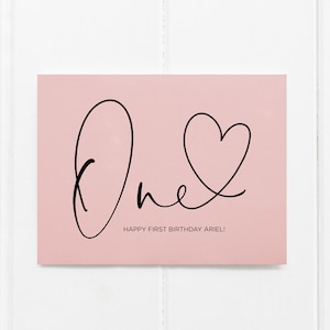 Carte d'anniversaire personnalisée rose, 1er anniversaire de bébé, joyeux anniversaire fille garçon, cadeau souvenir coeur mignon personnalisé fête fille