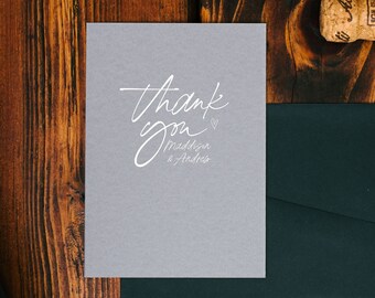 Modelo de cartão de agradecimento de casamento cinza, cartões de agradecimento de noivado, cartões de agradecimento personalizados, cartões personalizados, cartões de nota modernos, BT