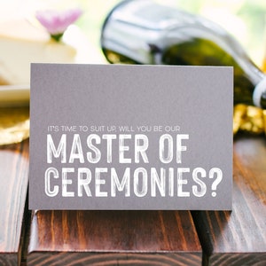 Tarjeta de maestro de ceremonias de boda gris, tarjeta de maestro de ceremonias, fiesta de bodas, regalo de fiesta nupcial, moderna, ceremonia de boda, maestro de ceremonias para recepción, ayudante