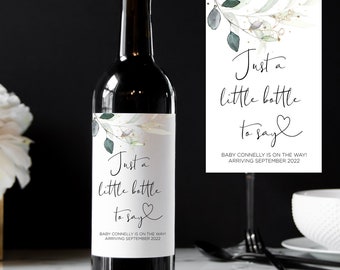Aangepaste babyaankondiging wijnetiketten, stickers Just a Little Bottle, eucalyptuswijnetiketten Gepersonaliseerd im zwanger Onthul familievrienden