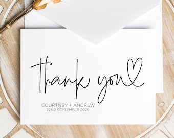 Modelo de cartão de agradecimento de casamento, cartões de agradecimento de casamento, cartões de agradecimento personalizados, cartões personalizados, cartões de nota de caligrafia, simples