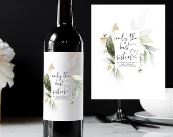 Custom Baby Announcement Wine Labels, Best Sisters Promoted to Aunty Bottle Stickers, Eucalyptus Personalised Im Pregnant Reveal for Sister