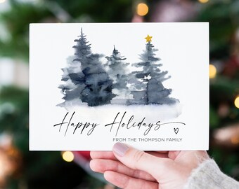 Happy Holiday Pine Tree Christmas Cards, Winter Holiday Cards, Personalized Christmas Card, Custom Greeting Card Set, Green Pine Trees, Xmas