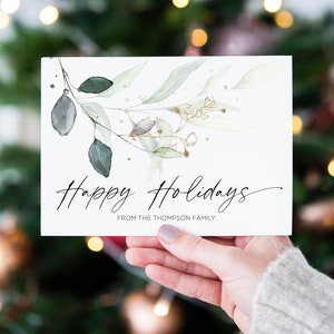 Happy Holiday Eucalyptus Christmas Cards, Winter Holiday Cards, Personalized Christmas Gifts, Custom Greeting Card Set, Green & Gold, Xmas