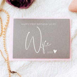 Tarjeta gris para esposa, feliz primer cumpleaños como mi esposa, regalo del esposo, aniversario, tarjetas lindas, corazón, tinta blanca, cumpleaños del cónyuge para ella