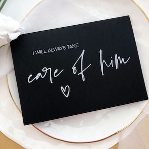 Tarjeta en blanco y negro "Siempre cuidaré de él" para el día de la boda para los suegros, el regalo para la suegra, el padre y la madre del novio BT