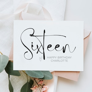 Gepersonaliseerde zestiende verjaardagskaart, 16e verjaardag, voor gelukkige verjaardag meisje jongen, leuk hart aandenken cadeau, aangepast zestien dochterfeest