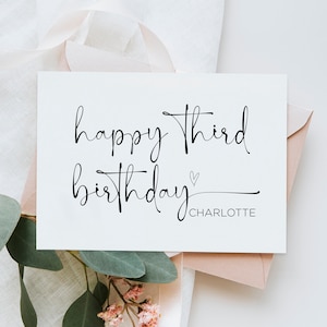 Cartão de terceiro aniversário personalizado, cartão de terceiro aniversário do bebê, para menina menino feliz aniversário, lindo presente de lembrança de coração, festa personalizada de três filhas