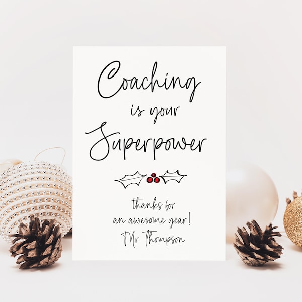 Aangepaste kerstkaart voor coach, grappig sportcadeau van student, waardering kindersportinstructeur, gepersonaliseerde kerstkaarten opvoeders