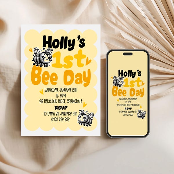 Bee Day Birthday Invitation Template, Kids Bee Party Invite, Bumble Bee Birthday Invitation, Printable Kids Party Invite