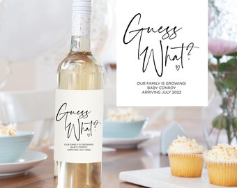 Etiquetas de vino personalizadas de anuncio de embarazo, pegatinas adivina qué, elegante bolsa de golosinas de etiquetas de vino, revelación de estoy embarazada para amigos de la familia