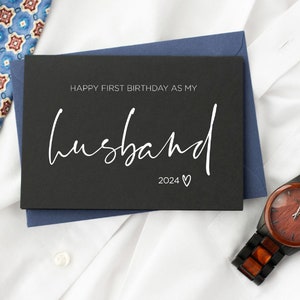 Tarjeta negra para esposo, primer cumpleaños como mi esposo, regalo de esposa, feliz cumpleaños de esposo, aniversario, tarjetas lindas, corazón, tinta blanca