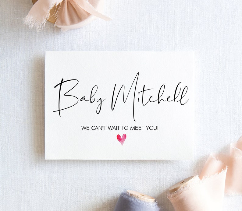 we cant wait to meet you custom baby congrats card, baby congratulations card, white card, black ink, custom baby list name, custom cards,