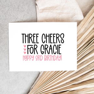 Personalized Third Birthday Card, Funny Kids 3rd Bday, Girl or Boy, Three Cheers, Cute Turning 3 Gift, Party For Granddaughter Grandson