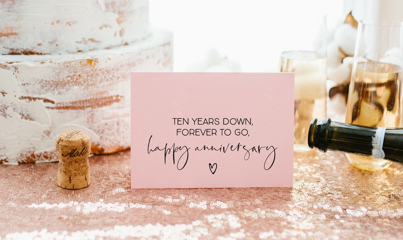 ten years down forever to go Happy Anniversary card, pink card black ink, anniversary card, gift for wife, gift for husband, anniversary gift