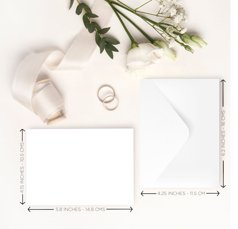 May include: A white card with a white envelope. The card measures 5.8 inches by 4.15 inches and the envelope measures 4.25 inches by 6.2 inches.