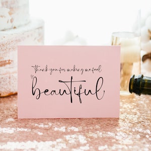 Rosa Danke dafür, dass ich mich schön fühle, Hochzeit Dankeskarte, Make Up Artist Danke, Friseur Geschenke, Hochzeitstag Karte von der Braut