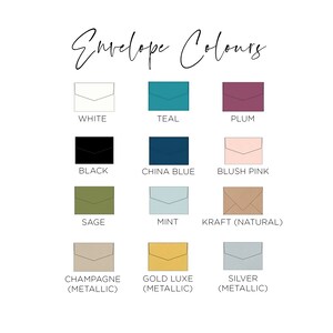 May include: A chart showing 12 different envelope colors, including white, teal, plum, black, china blue, blush pink, sage, mint, kraft, champagne, gold luxe, and silver. The colors are displayed in squares with the color name written below each square.