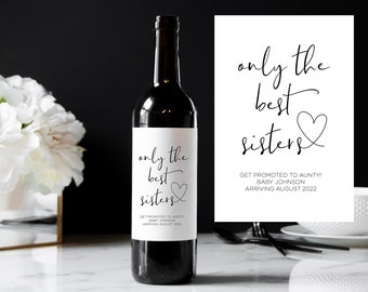 Etiquetas de vino personalizadas de anuncio de bebé, mejores hermanas promovidas a pegatinas de biberón de tía, etiquetas de vino personalizadas Im embarazada revelar amigos