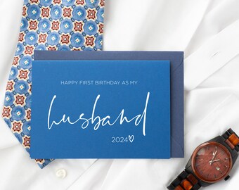 Blue Card for Husband, First Birthday as My Husband, Gift From Wife, Hubby Happy Birthday Present, Anniversary, Cute Cards, Heart, White Ink