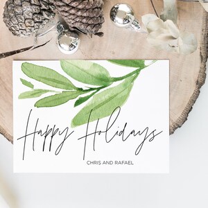 Modern Eucalyptus Happy Holidays Cards, Holiday, Personalized Card, Custom Christmas Card Set, Seasons Greetings, Simple Greenery Cards
