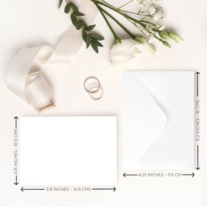 May include: A white envelope with a flap on the left side, next to a blank white card. The envelope measures 6.2 inches by 4.25 inches, and the card measures 5.8 inches by 4.15 inches. Both are on a white background.