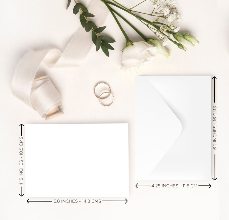 May include: A white envelope with a flap on the left side, next to a blank white card. The envelope measures 6.2 inches by 4.25 inches, and the card measures 5.8 inches by 4.15 inches. Both are on a white background.