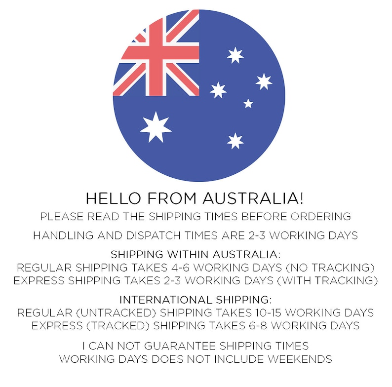 May include: A blue circle with the Australian flag and stars. Text reads "HELLO FROM AUSTRALIA!" and provides information about shipping times within Australia and internationally.