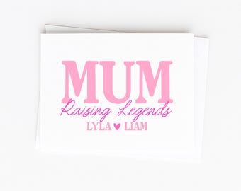 Carte de fête des mères personnalisée de fille, maman élevant des légendes, joli cadeau de fête des mères, carte de maman avec noms d'enfants ajoutés