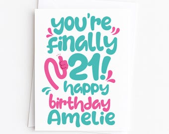 Carte personnalisée 21e anniversaire, mignonne 21e anniversaire, pour fils, joyeux anniversaire pour fille, 21e anniversaire personnalisée avec nom ajouté