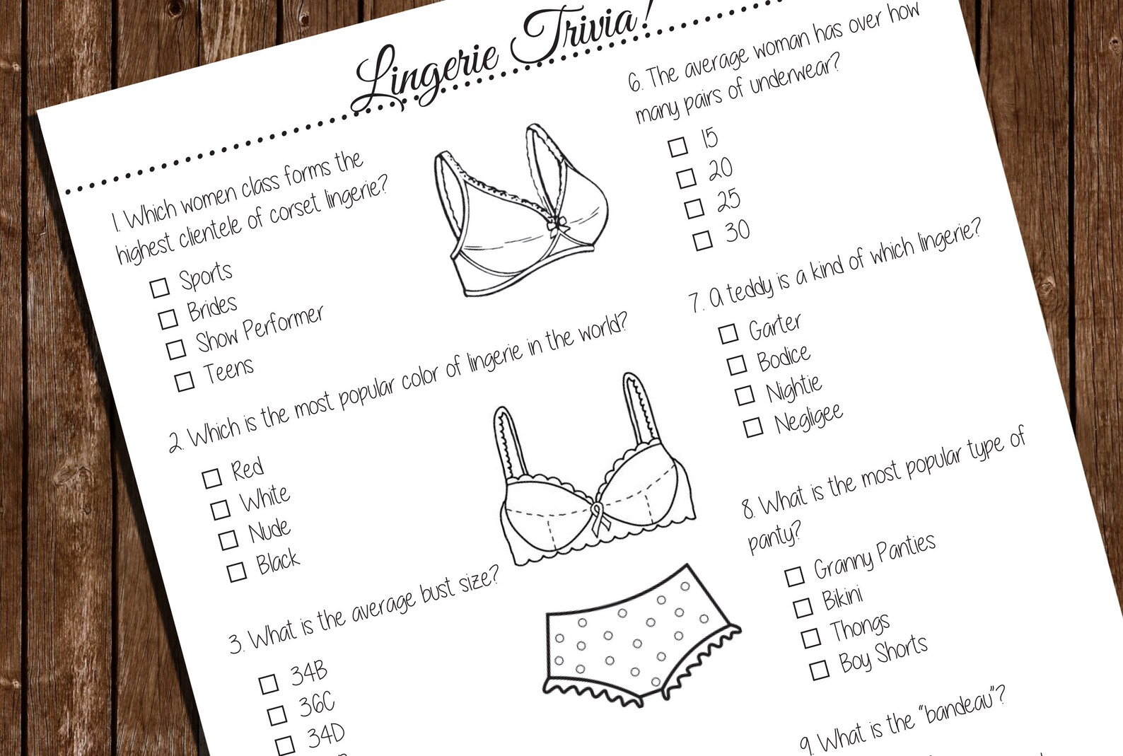 Printable Lingerie Trivia Game/ Bachelorette Party/ Bridal - Etsy