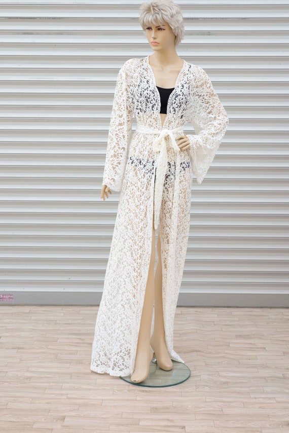 Long Lace Bridal Robe Wedding Day Robe Gown in White Sheer Etsy